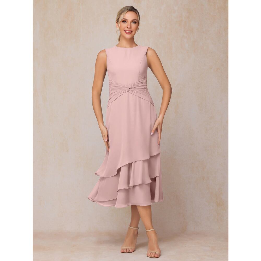 Sleeveless Midi Dress with Tiered Ruffle Skirt - Dusty Pink